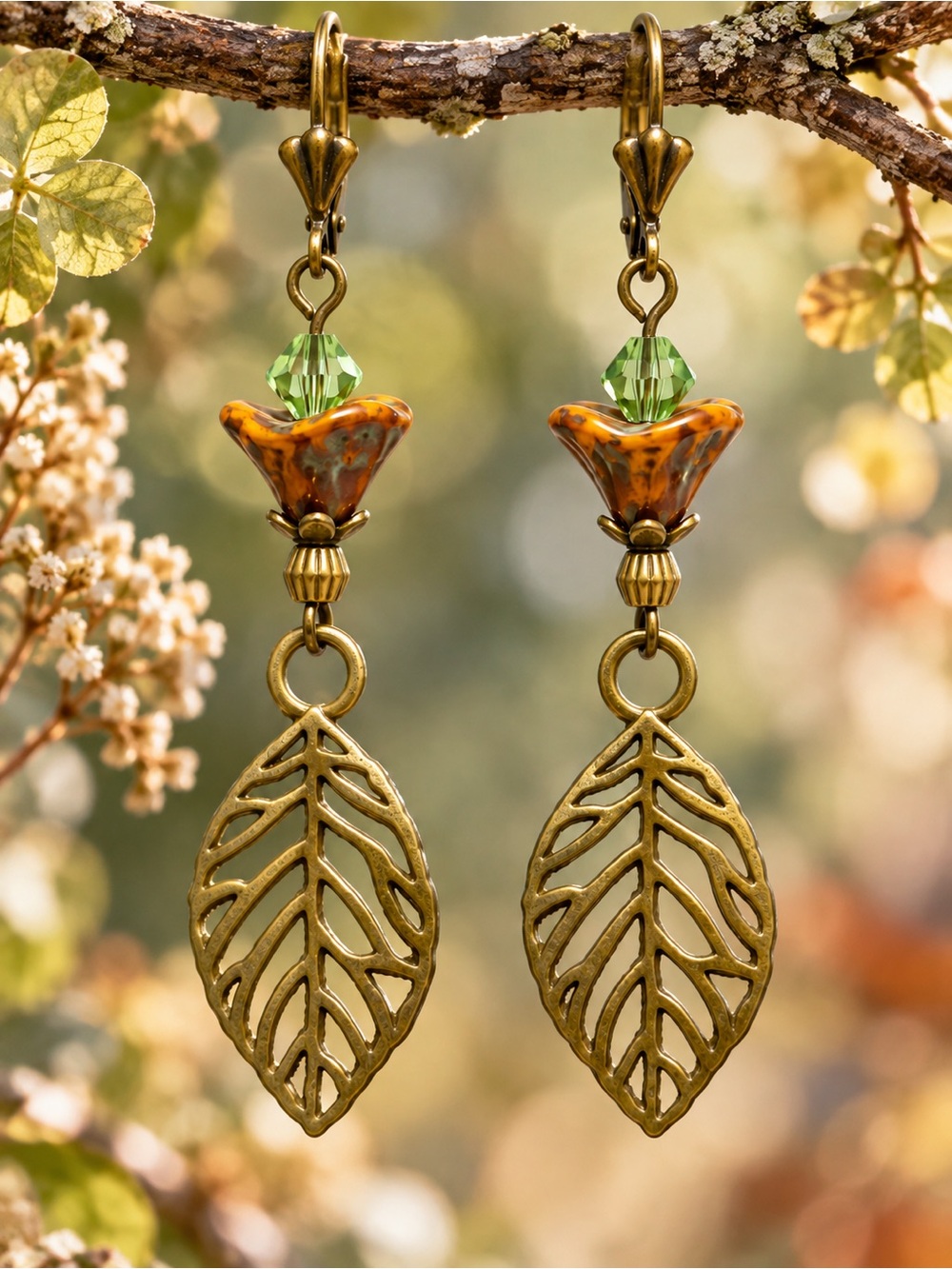 Handmade Czech Glass Flower Leaf Statement Earrings, Botanical Boho